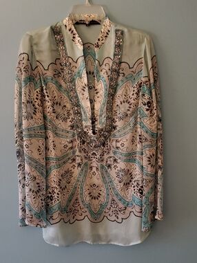 Allen B by Allen Schautz Beaded Paisley Print Tunic Top - Light Blue